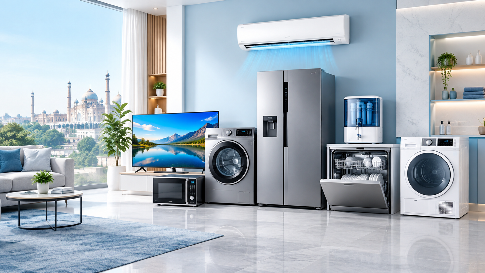 AC, refrigerator, washing machine, microwave, LED TV, RO purifier, dishwasher and dryer in a modern home